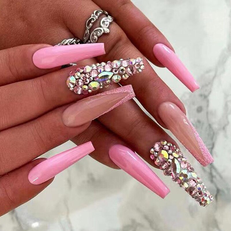 24Pcs Pink French False Nails French with Rhinestone Acrylic Fake Nail Tips Detachable Coffin Press on Nails Full Cover Manicure