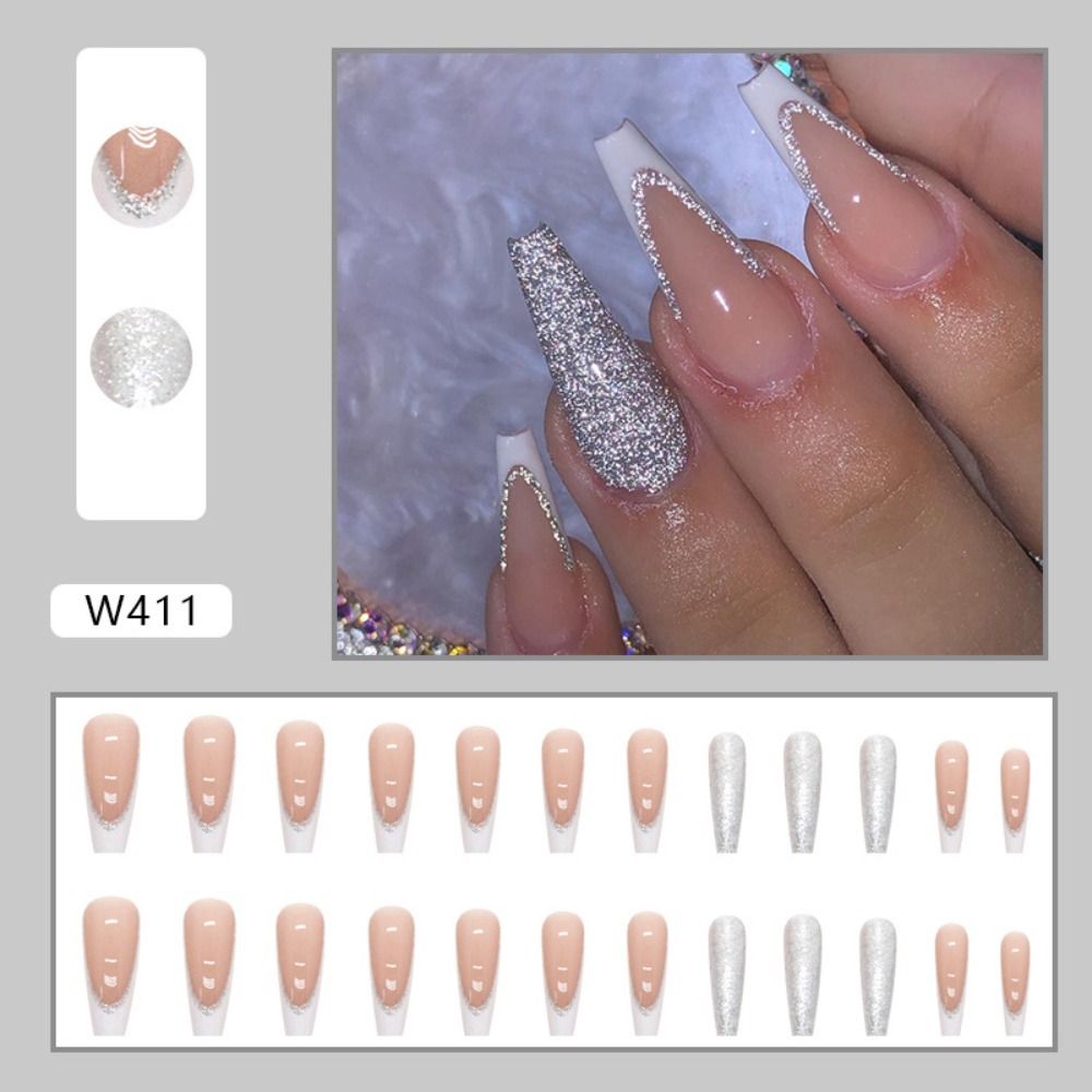 24Pcs Long Coffin False Nails Gold Glitter Sequins Designs Press On Full Cover Fake Nails Tips Wearable Manicure Art