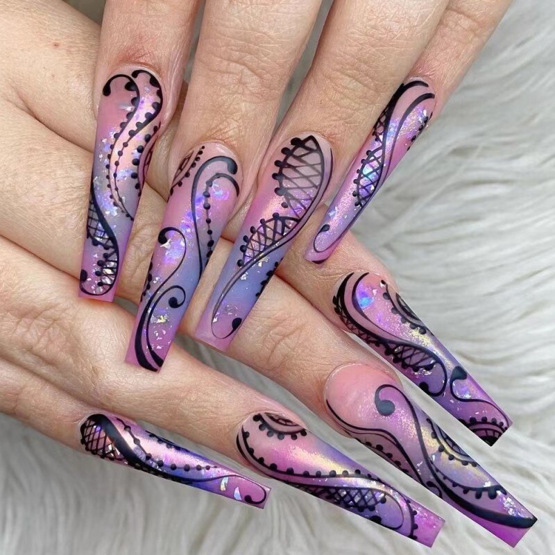 24pcs/box fake nails with Glue Detachable Long Ballerina False Nails With Design Wearable Fake Nails Full Cover