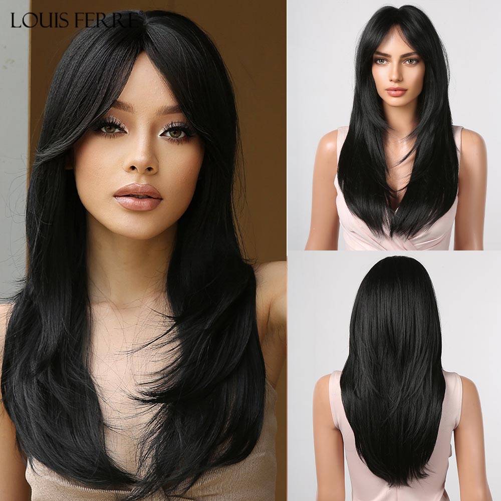 Black Pink Ombre Synthetic Wigs for Cosplay Long Straight Layered Wigs with Bangs for Women Heat Resistant Fake Hair