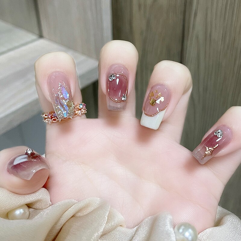 Fake Nails Sets Press on Ballet False Nails with Flower Designs Removable Acrylic Artificial Nails Glitter Nails Art Long Tips