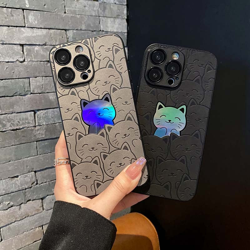 Luxury Cartoon Cats Laser Phone Case for iPhone 11 Pro Max 12 13 14 15 Pro Max 14 Plus Leather Camera Lens Protective Case