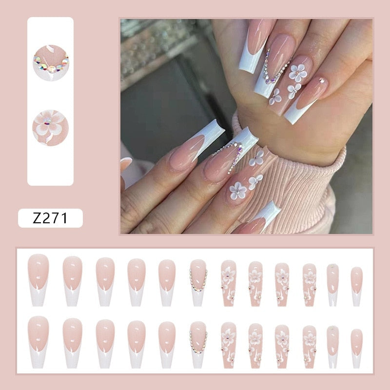 24pcs False Nails With Glue Flower Design Long Coffin French Ballerina Fake Nails Full Cover Acrylic Nail Tips Press On Nails