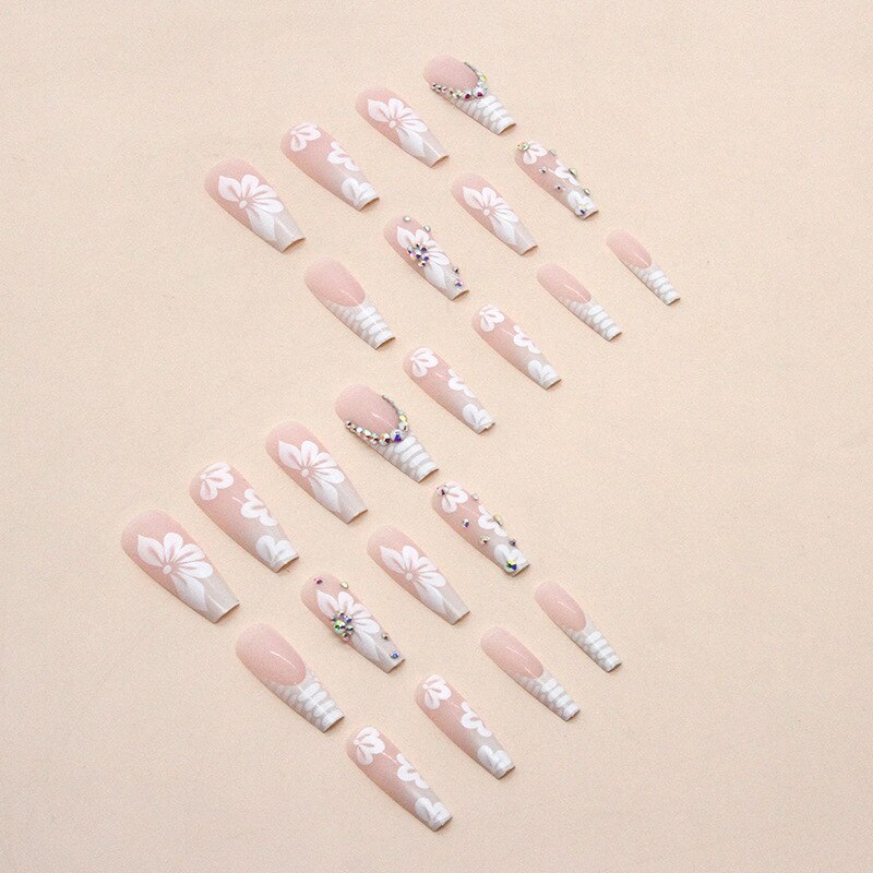 24Pcs Long Ballerina False Nails  Press on Nails Serpentine Flower with Rhinestones French Fake Nails Wearable White Nails Tips