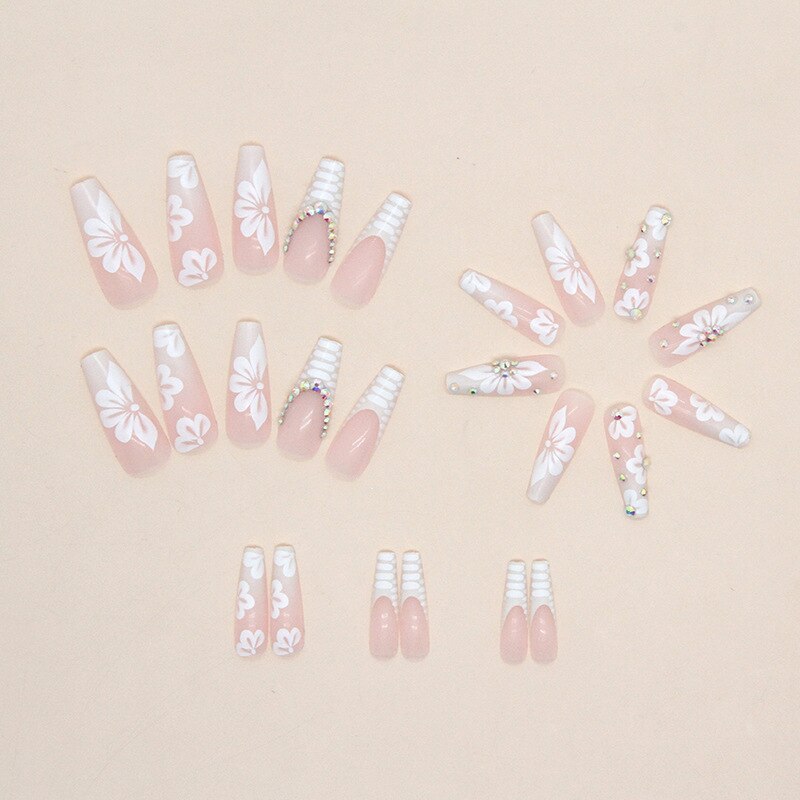 24Pcs Long Ballerina False Nails  Press on Nails Serpentine Flower with Rhinestones French Fake Nails Wearable White Nails Tips