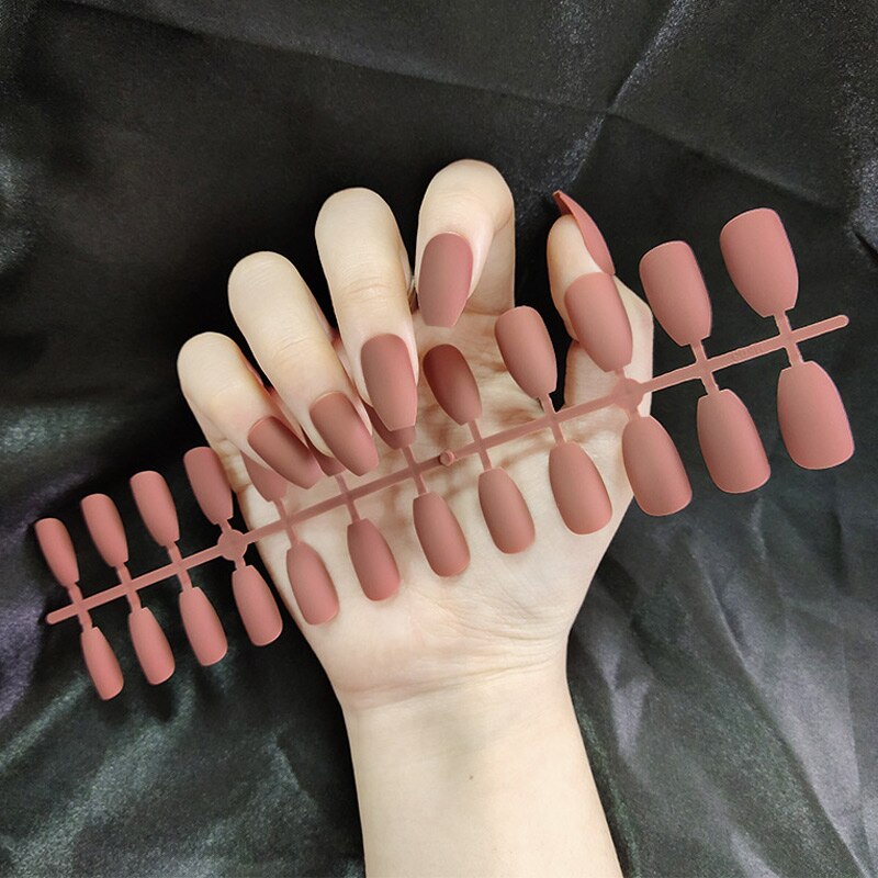 24Pcs/Sheet Matte Fake Nails Full Cover Ballet Fake Nail Elegant Solid Color Long Coffin False Nails Art Artificial Fingernails