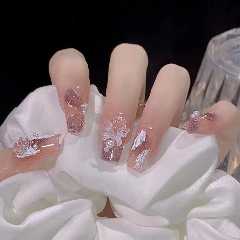 24Pcs False Nails with Glue Long Ballet Rhinestone Crystal Butterfly Fake Nails Flower Design Wearable Press On Nail Tips