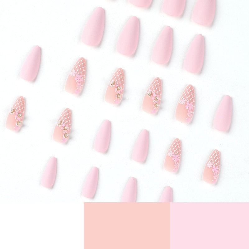 24pc removeable Almond stiletto false nails with pink floral designs Matte pearl fake nails with glue ballet press on nails