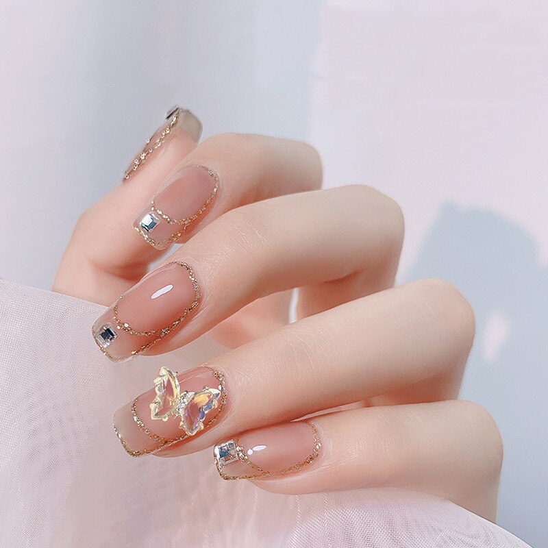 Fake Nails Sets Press on Ballet False Nails with Flower Designs Removable Acrylic Artificial Nails Glitter Nails Art Long Tips