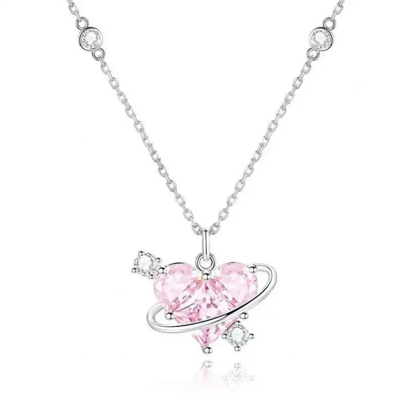 Pink Planet Heart Zircon Necklace Women Charm Aesthetic Clavicle Chain Necklace Valentines Day Gift Party Jewelry