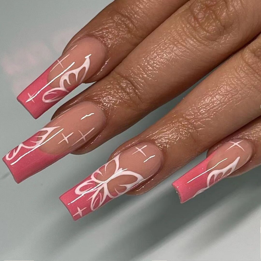 Lilac gradient Butterfly Pattern Fake Nails Full cover False Nails Extra Long Ballerina Coffin Nails Manicure Nail Art