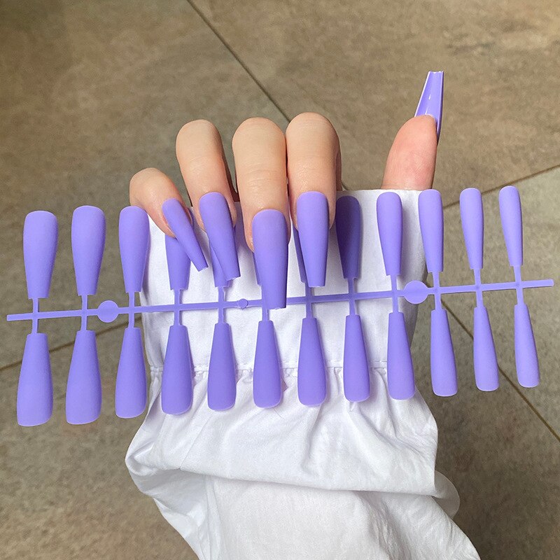 24Pcs/Sheet Matte Fake Nails Full Cover Ballet Fake Nail Elegant Solid Color Long Coffin False Nails Art Artificial Fingernails