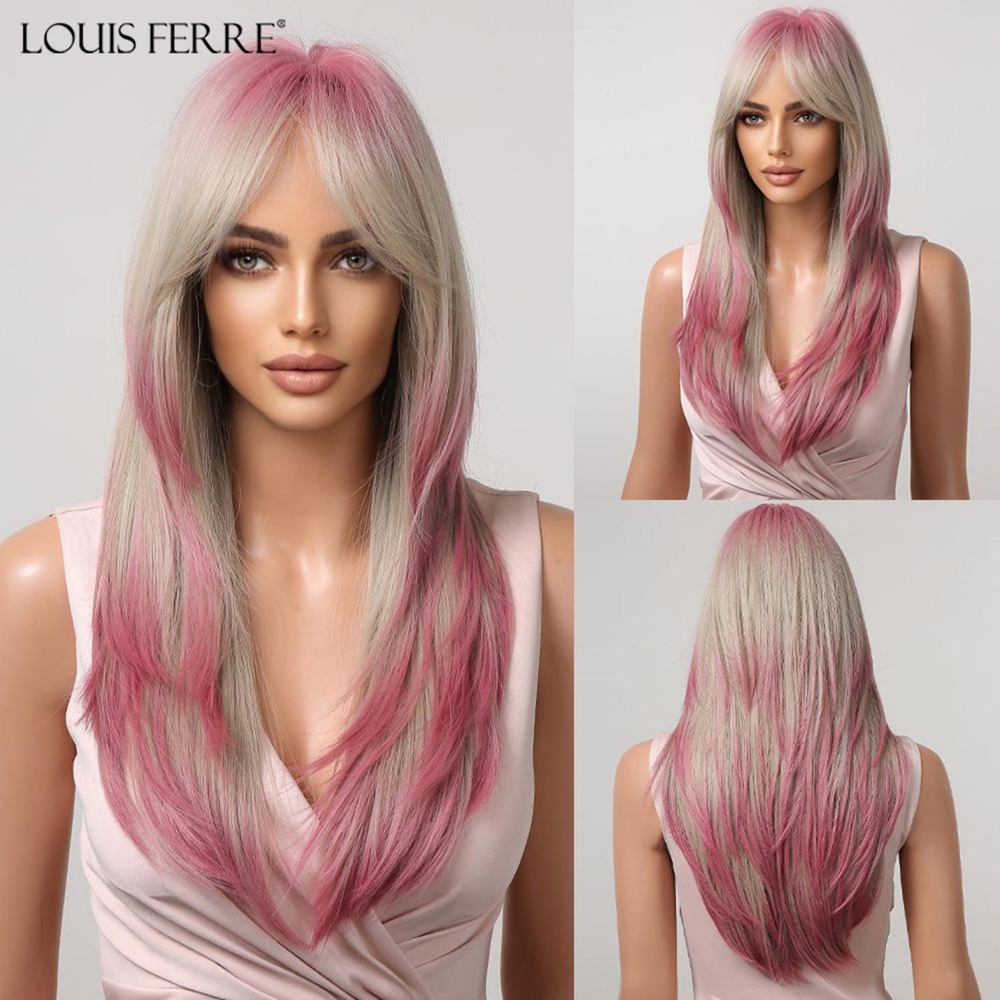 Black Pink Ombre Synthetic Wigs for Cosplay Long Straight Layered Wigs with Bangs for Women Heat Resistant Fake Hair