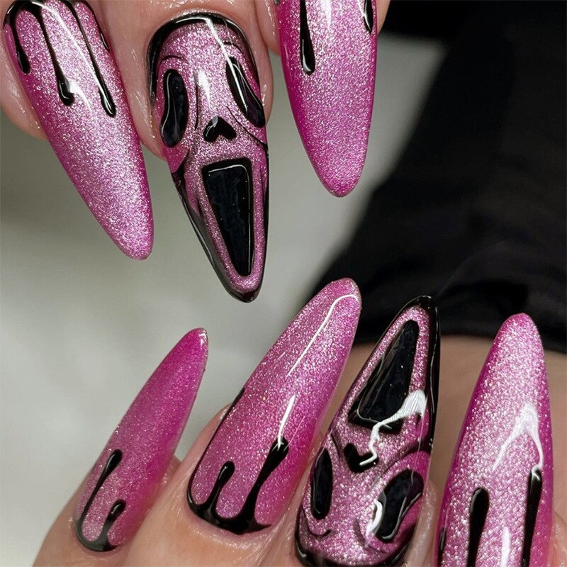 24Pcs Halloween False Nails Long Ballet Fake Nails with Ghost Cobweb Design Pink French Coffin Full Cover Press on Nail Tips