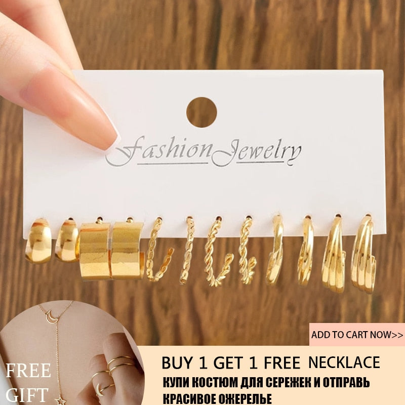 17KM Gold Color Twist Hoop Earrings Set for Women Girls Heart Pearl Metal Earring