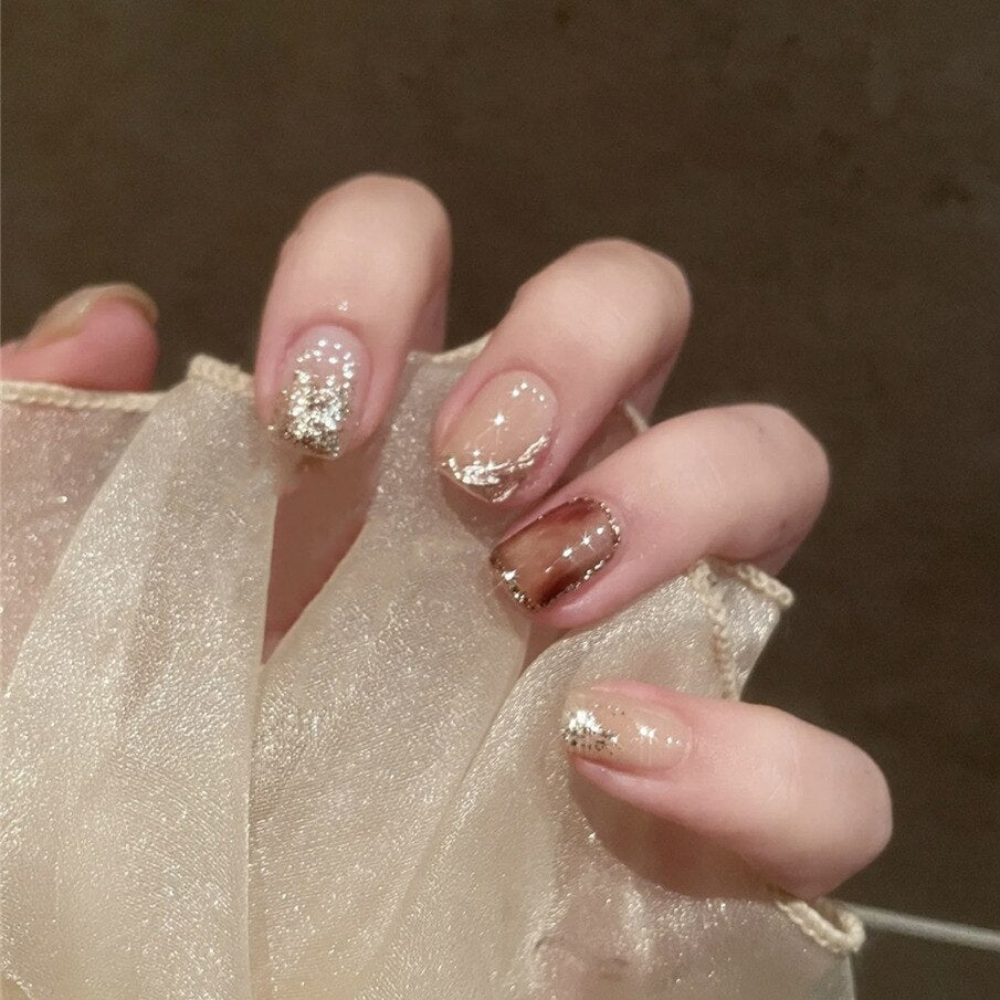 24pcs Wearable korean press on nails short ballet Artificial Nails with glue Cute sweet cool Pearl diamond Designs Fake Nails