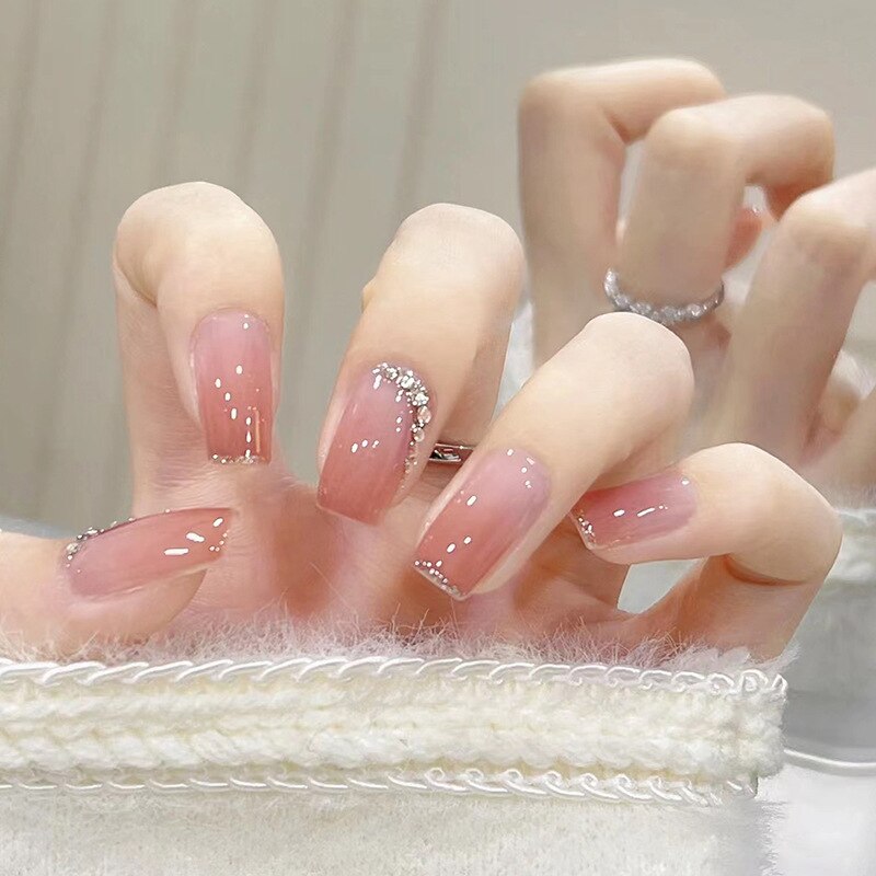 24pcs Long gradient nude false nail with glue simple artifical press on nails acrylic nails natural stick on nails set