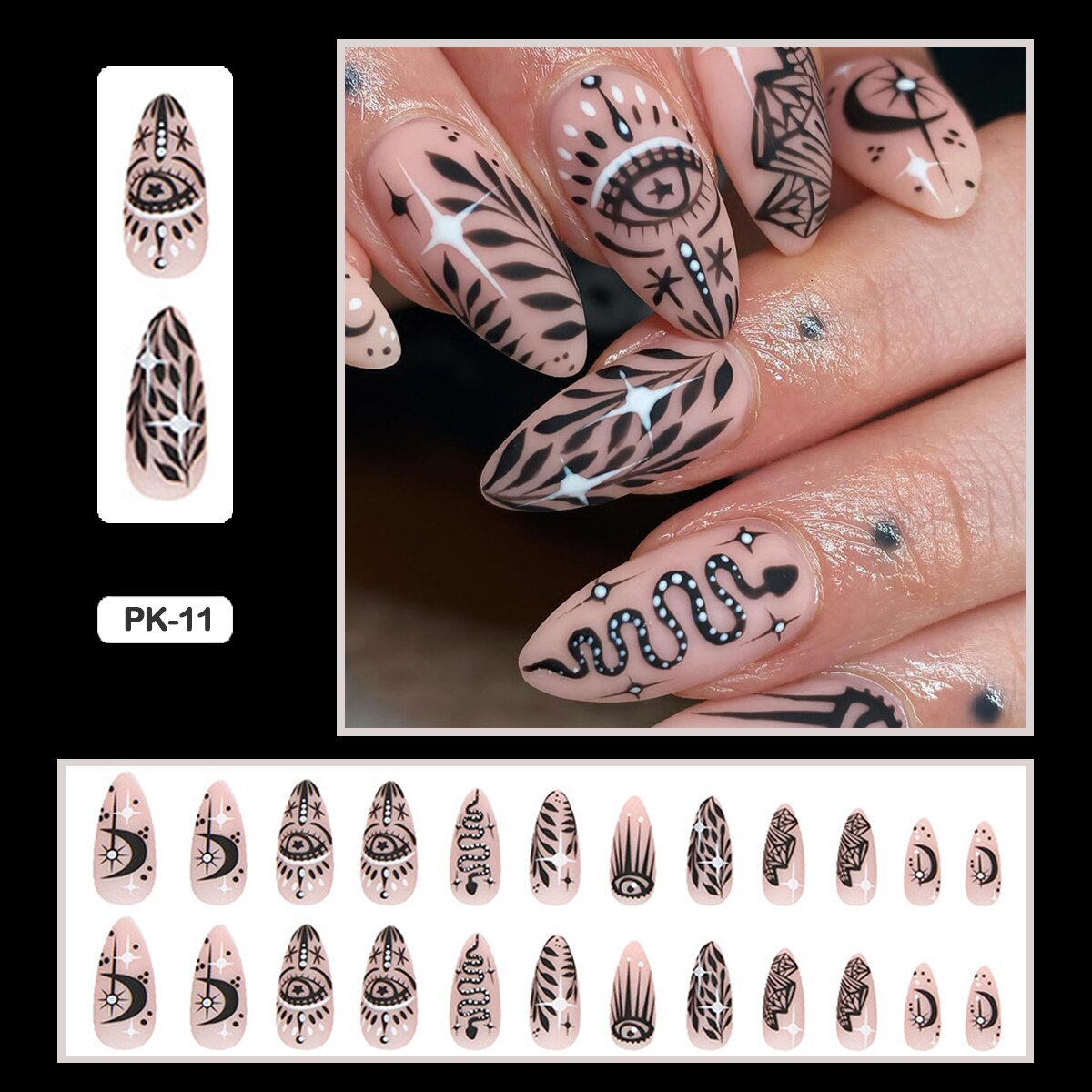 24PCS Dark Punk False Nails with Glue Gradient Long Detachable Fire Stick on Nails Skull Flame  Art DIY Fashion Manicure Tool