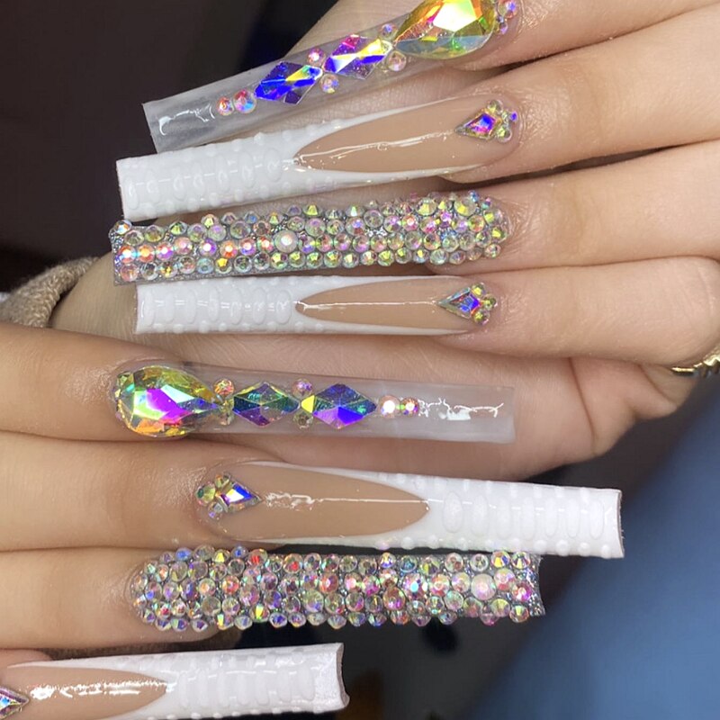 Handmade 3XL Full Cover False Nail Tips Luxury Glittery Rhinestone Press On Nails Y2K Reusable Extra Long Fake Nail With Glue