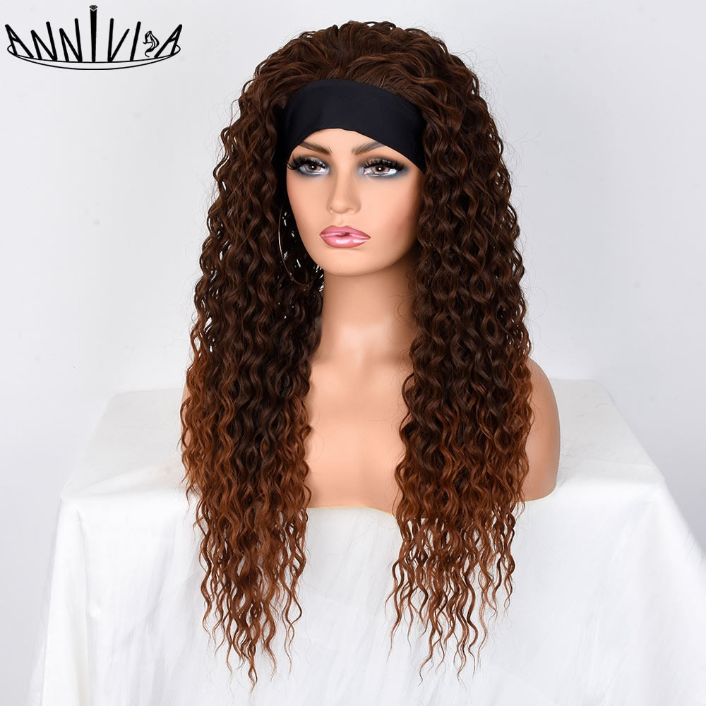 Long Curly Headband Wigs For Black Women 26Inch Water Wave Glueless Synthetic Hair Wigs For Daily Party Use