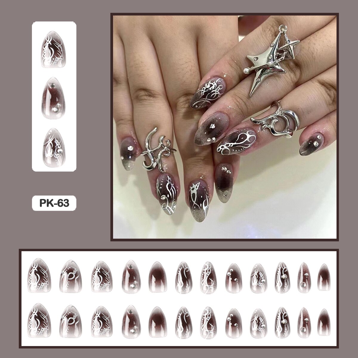 24PCS Dark Punk False Nails with Glue Gradient Long Detachable Fire Stick on Nails Skull Flame  Art DIY Fashion Manicure Tool