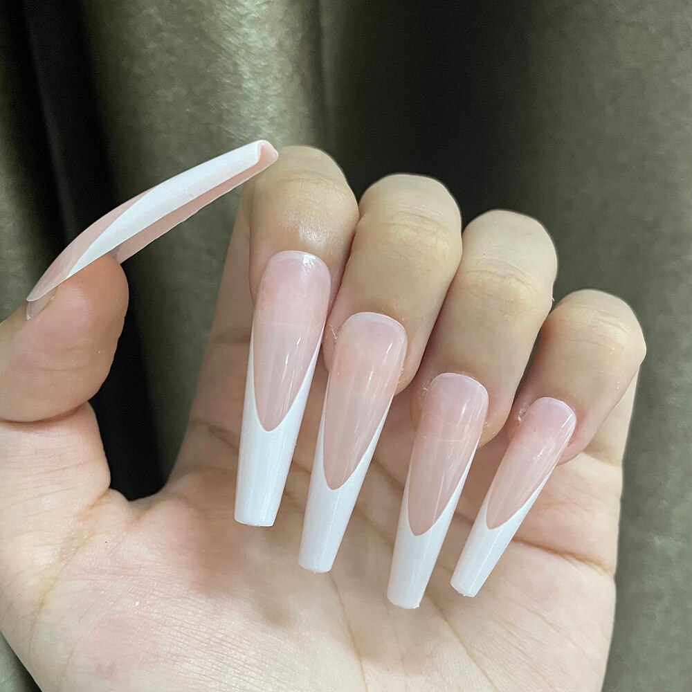 24pcs Super Long French False Nails Full Cover Coffin Ballerina Nail Tips Removable Gradient Pure Color Design Press on Nails