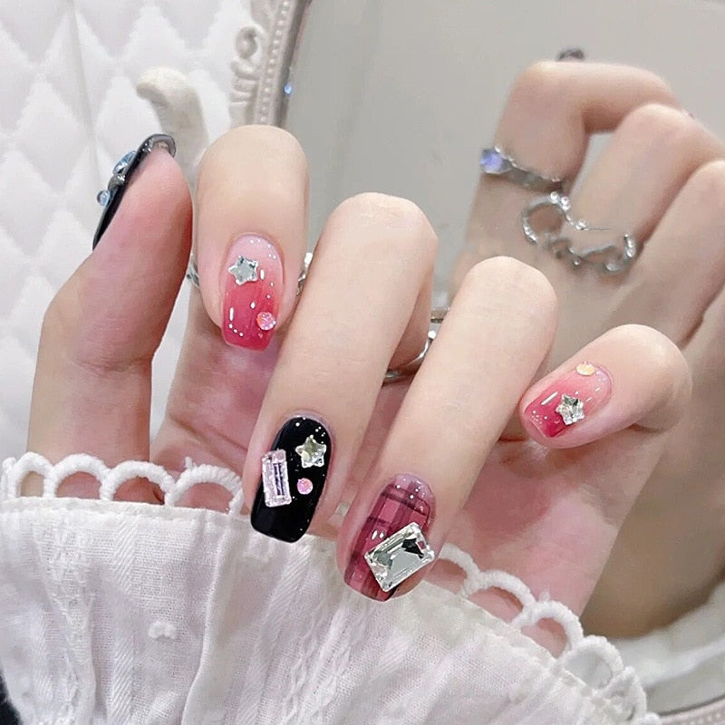 24pcs removeable y2k false nails with heart designs full cover french fake nail patch acrylic press on nails stick on white nail