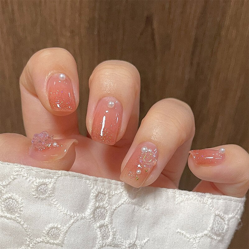 24pcs removeable short fake nails with glue Nude Pink artificial false nails with diamond designs acrylic press on nails