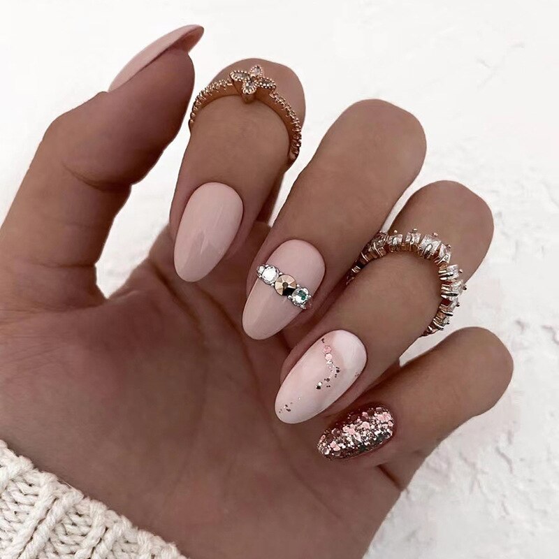 24Pcs Detachable Almond False Nails with Pearl Decoration Elegant Designs French Fake Nails Full Nail Art Tips Press On Nails