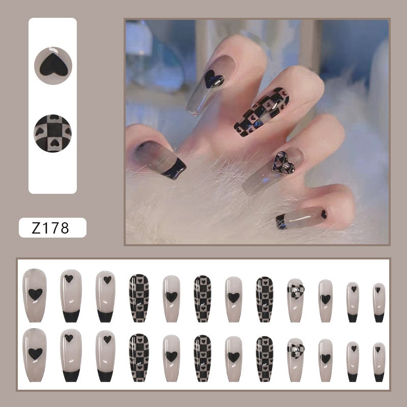 Dark Blue Rhinestone False Nails Press On Nails Long Printed Flower French Ballerina Nails Full Coverage Nail Tips For Nail Art