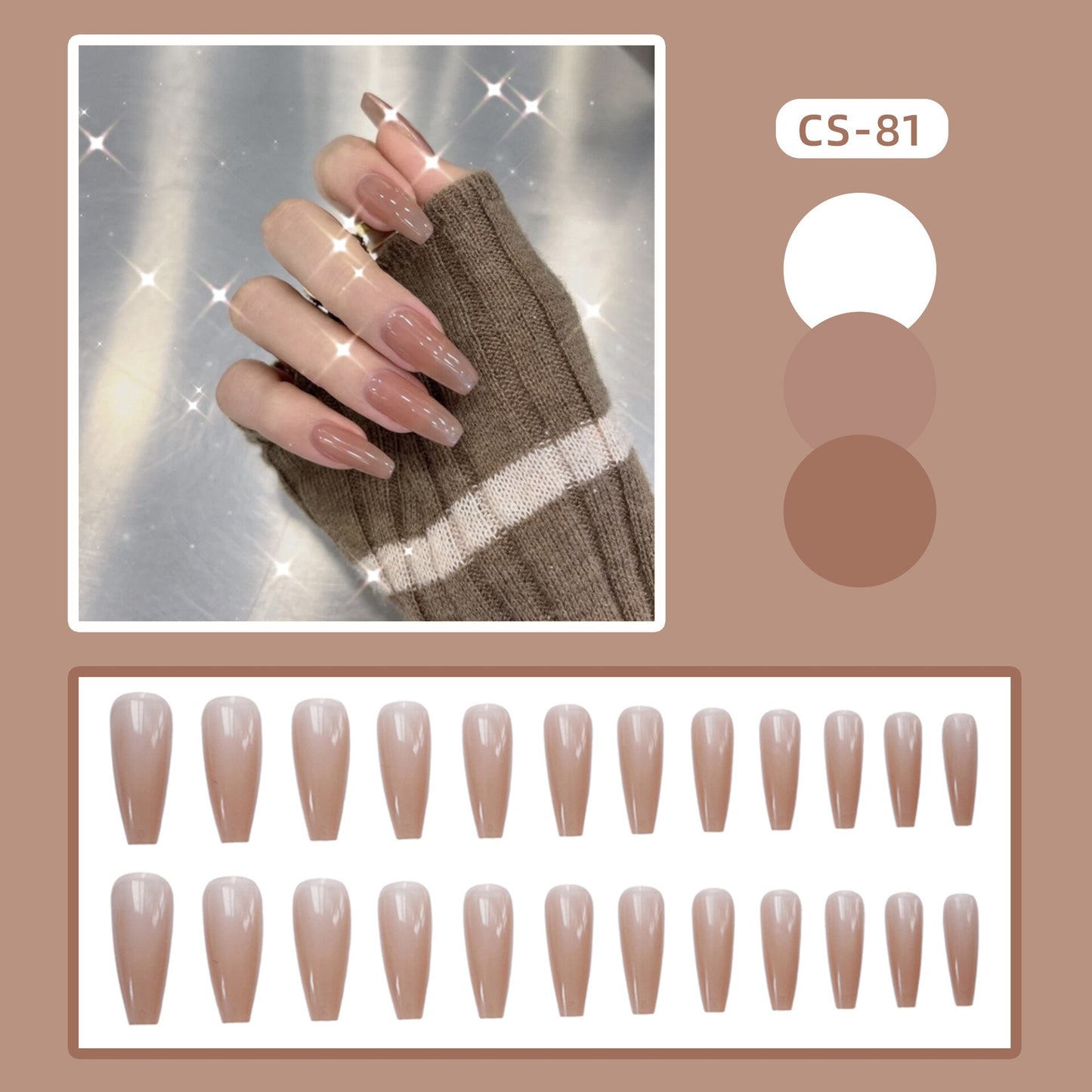 24PCS Khaki Nude Press On False Nails Tips Long Ballerina Pure Color Acrylic Fake Nails Coffin Full Cover Nail With Glue Designs