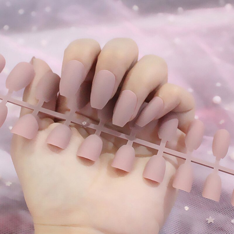 24Pcs/Sheet Matte Fake Nails Full Cover Ballet Fake Nail Elegant Solid Color Long Coffin False Nails Art Artificial Fingernails