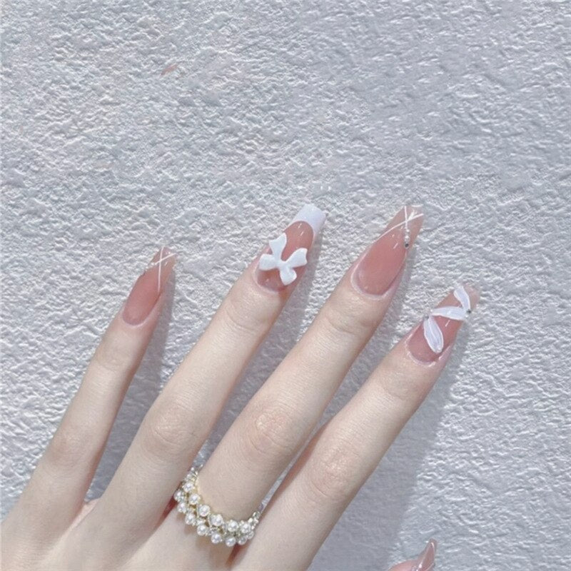 24pcs Wearable korean press on nails short ballet Artificial Nails with glue Cute sweet cool Pearl diamond Designs Fake Nails