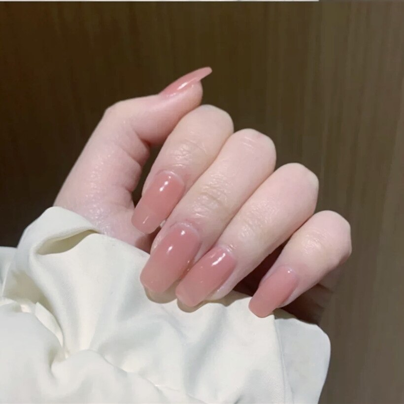 24pcs/Box Long Stiletto False Nails with Glue Red Nude Pink White MilkTea Color Jelly Nails Tips Full Cover Press On Nails