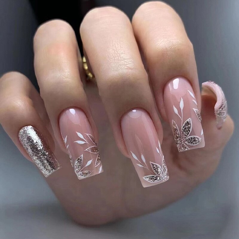 24Pcs Simple False Nails with White Edged Designs Long Ballerina Fake Nails Wearable Coffin French Nails Tips Press on Nails