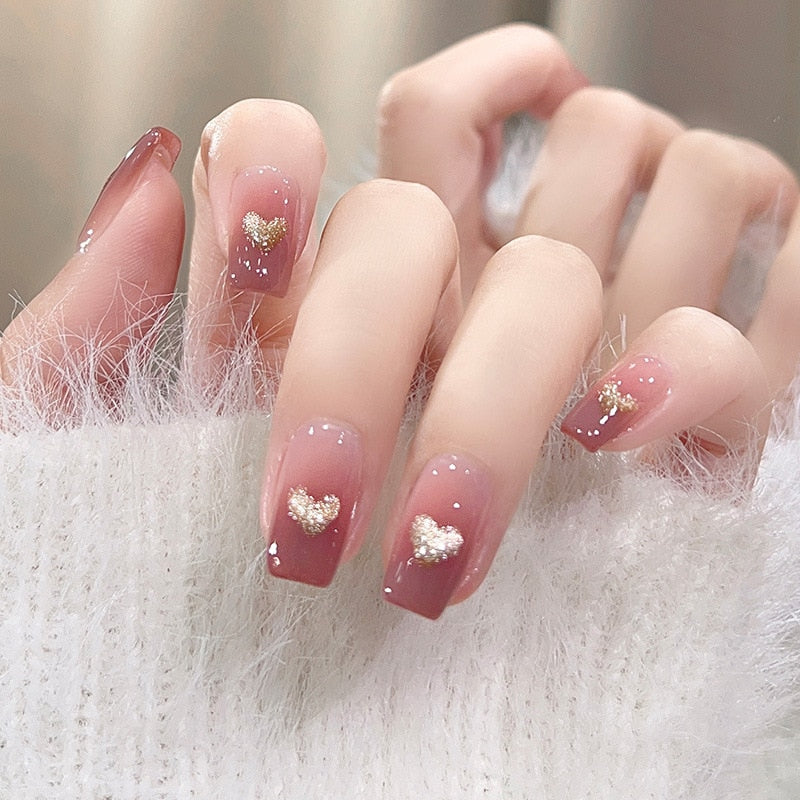 24pcs removeable short fake nails with glue Nude Pink artificial false nails with diamond designs acrylic press on nails