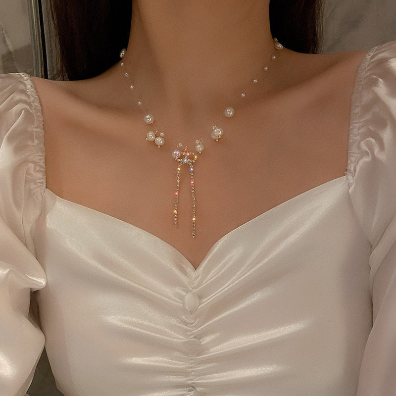 Beads Women's Neck Chain Kpop Pearl Choker Necklace Gold Color Goth Chocker Jewelry On The Neck Pendant Collar