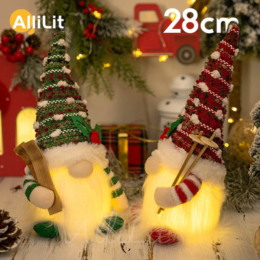 Christmas Doll Sled Elf Ski Gnome with Led Light Christmas Decorations for Home Xmas New Year 28cm