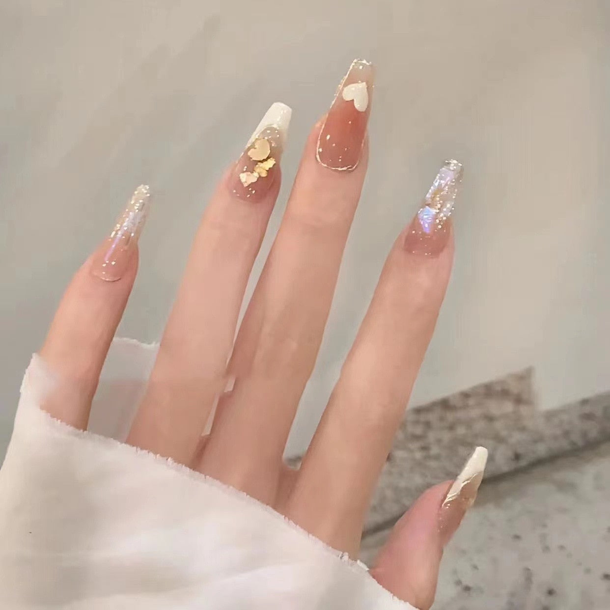 24pcs Bridal Nail Art tips with design press on nails long false nails glue coffin nail tips Rhinestones Glitter stick on nails