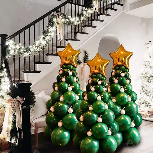 Christmas Party Decoration Dark Green Latex Balloons Package Forest Series Christmas Tree Set Star Foil Balloon Ribbon