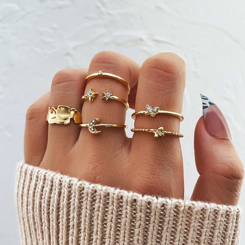 Bohemian Midi Knuckle Ring Set For Women Crystal Stars Moon Flower Love Crescent Geometric Coin Snake Finger Vintage Jewelry