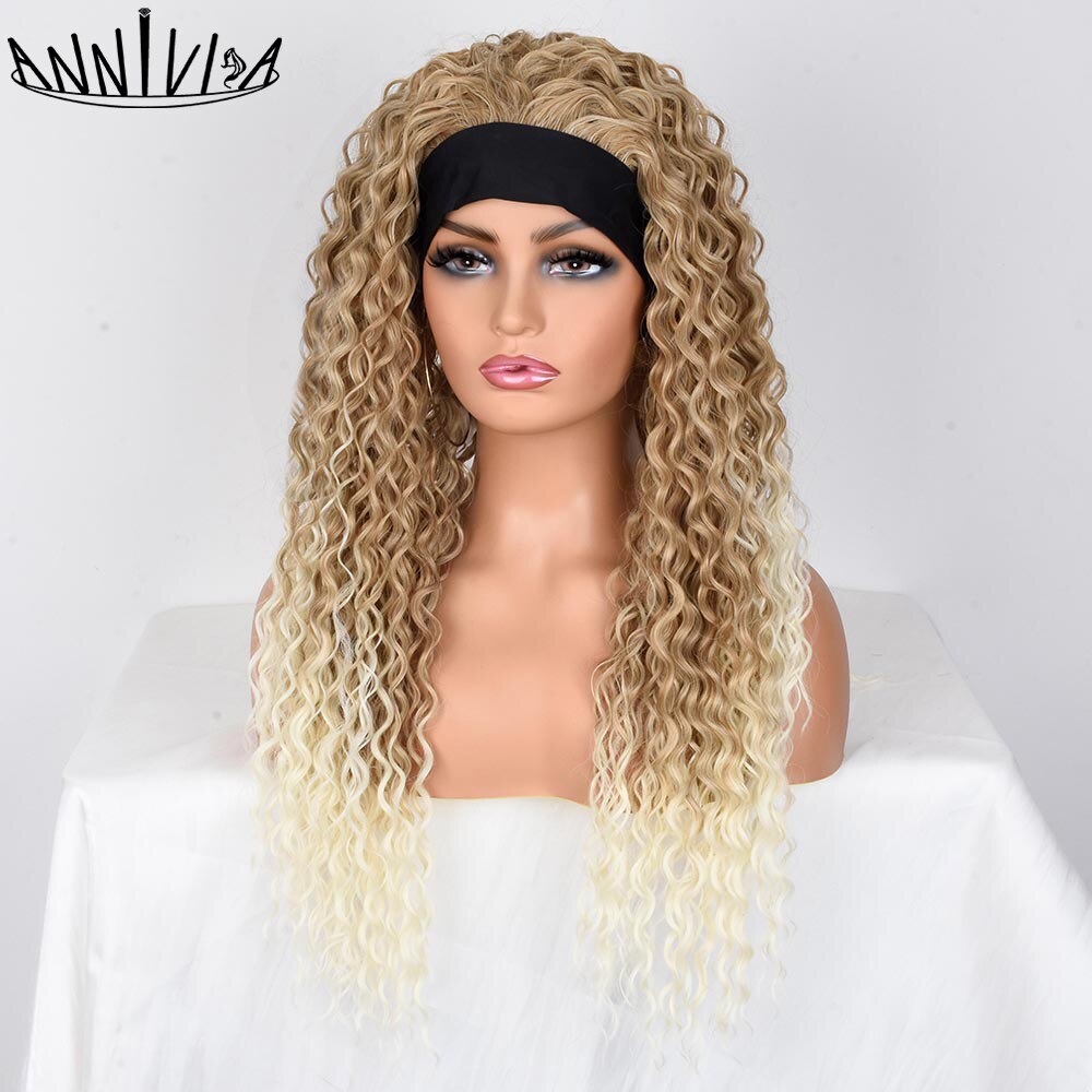 Long Curly Headband Wigs For Black Women 26Inch Water Wave Glueless Synthetic Hair Wigs For Daily Party Use