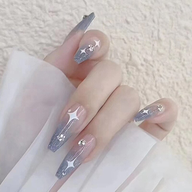 Fake Nails Sets Press on Ballet False Nails with Flower Designs Removable Acrylic Artificial Nails Glitter Nails Art Long Tips