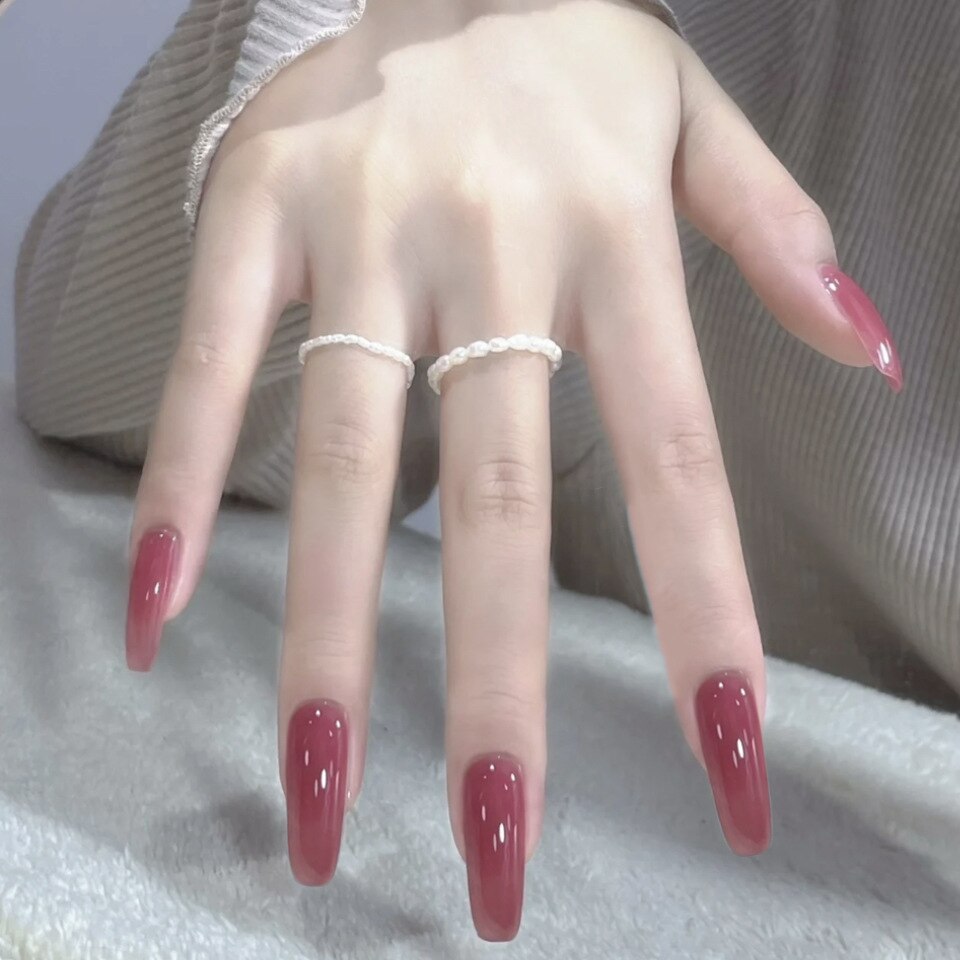 24pcs/Box Long Stiletto False Nails with Glue Red Nude Pink White MilkTea Color Jelly Nails Tips Full Cover Press On Nails