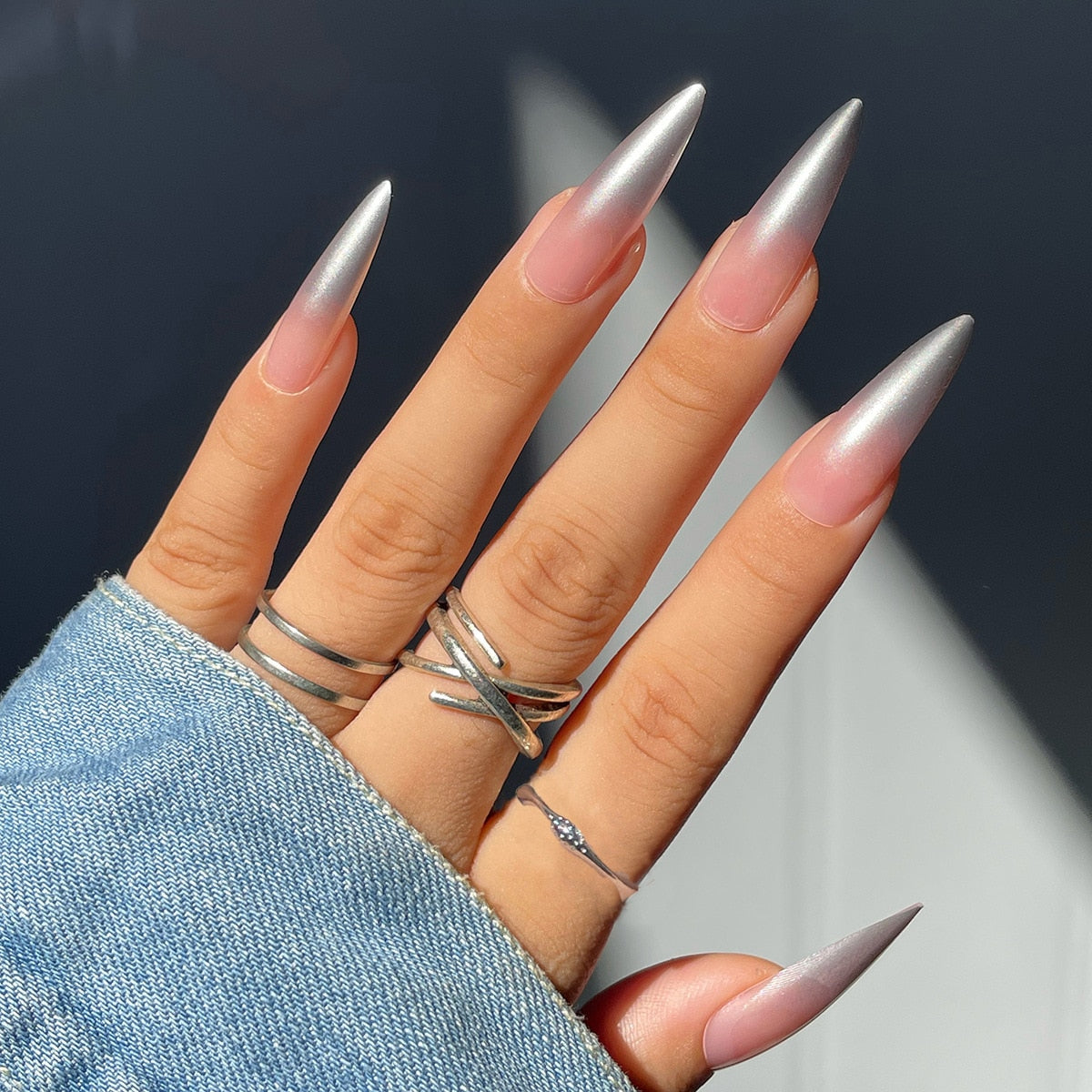 24pc long Stiletto Silver gradient False Nails Wearable French almond Aurora artificial fake nails with glue press on nails