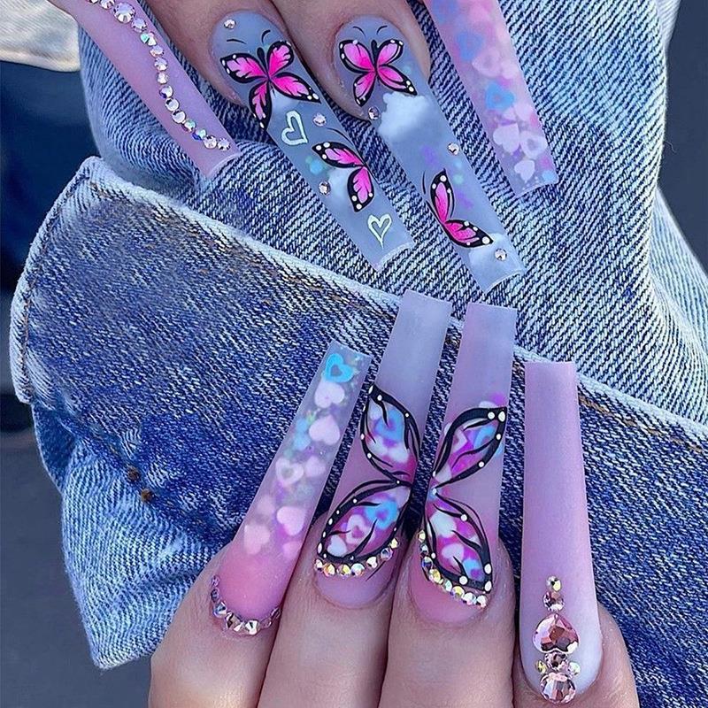 24Pcs Gradient Long Ballet False Nails Butterfly Designs Fake Nails with Rhinestone Wearable Coffin Nail Tip Press on Nails