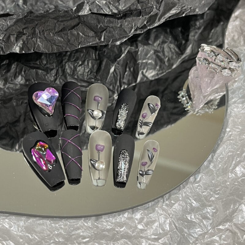 Handmade Glitter Rhinestone Press On Nails Y2K Saturn Snake Design Fake Nail With Glue Reusable Long Coffin False Nails Tips