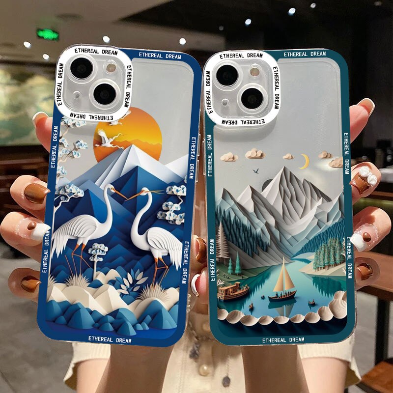 Landscape Clear phone case For iPhone 14 11 12 13 Pro Max Creative Mountain And River For iPhone 7 8 Plus SE 2020 XS X XR Covers