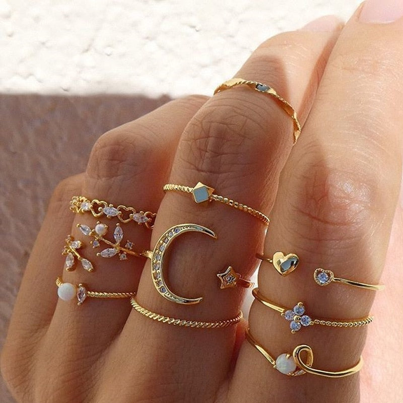 Bohemian Midi Knuckle Ring Set For Women Crystal Stars Moon Flower Love Crescent Geometric Coin Snake Finger Vintage Jewelry