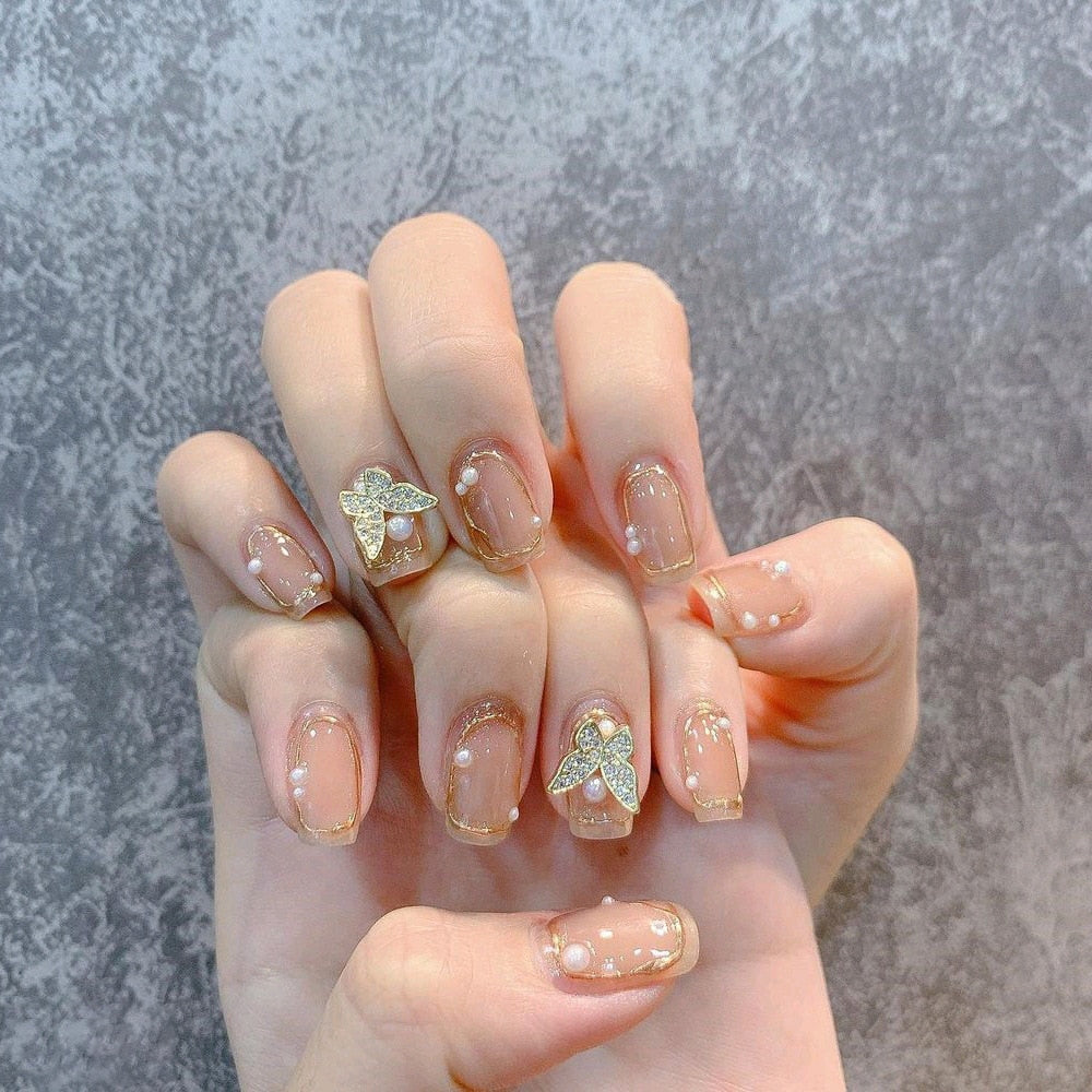 24pcs removeable short fake nails with glue Nude Pink artificial false nails with diamond designs acrylic press on nails